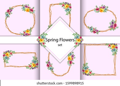 Beautiful set of geometric frames with hand drawn spring garden rustic flowers for decorating invitations, cards, album covers