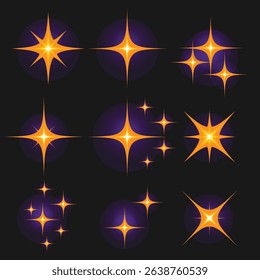 Beautiful set of golden sparkles with subtle purple glow on black background. Perfect for night scene decorations, fantasy themes, or glowing light design accents in digital artwork
