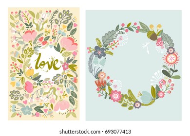 Beautiful set of greeting cards with floral wreath and frame. Bright illustrations, can be used as creating card, invitation card for wedding,birthday and other holiday and cute summer background.