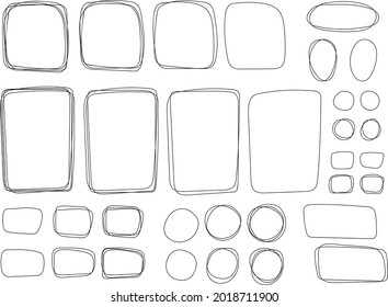 Beautiful set of hand drawn vector frames. Square, round and oval borders for your design. Black line art isolated on white background.