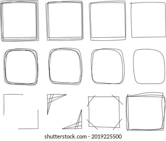 Beautiful set of hand drawn vector frames. Squares, rounded squares and linear angles. Black line art isolated on white background. Modern template for design, presentation, photo albums, social media