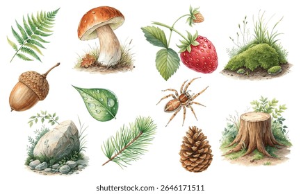 A beautiful set of hand-painted watercolor illustrations featuring natural elements found in a forest. This collection includes a fern, pinecone, acorn, spider, mushroom, rock, moss, tree stump.