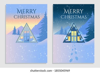 Beautiful set of happy Christmas and New year greeting cards. Mini house triangular shape in the mountains during snowfall at night and in the morning. Vector illustration 