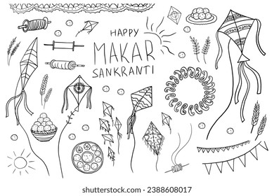 Hermoso conjunto de objetos y símbolos del festival Happy Makar Sankranti. El festival está dedicado al dios del sol religioso hindú Surya. Cometa, centeno, espigón, sol, tambores, trigo, cosecha, gurh y gachak.