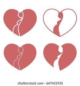 Beautiful set of heart shaped logos with pregnant woman silhouette.