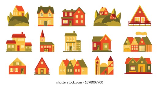 A beautiful set of houses in autumn colors. Cozy houses with a veranda and shutters.