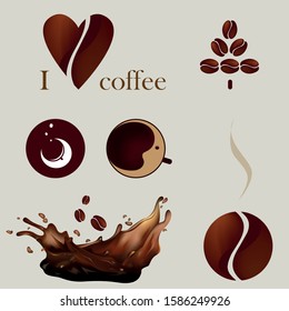 Beautiful set of illustrations on the theme of coffee drawn in vector eps. heart, christmas tree, abstract cups with coffee, splashes