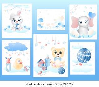 Schöne Set an Innenplakaten für einen Neugeborenen in pastellblauen Farben. Hübsches Kaninchen, Elefant, Teddybär, Würfel, Ball. Vektorgrafik im kindlichen Stil
