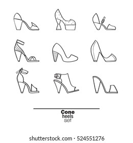 Beautiful set of isolated on background flat vector shoes hand drawn in stylish collection of cone heels. Fashion illustration good for creative design. Image in black and white on white background