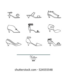 Beautiful set of isolated on background flat vector shoes hand drawn in stylish collection of kitten heels. Fashion illustration good for creative design. Black and white image on white background