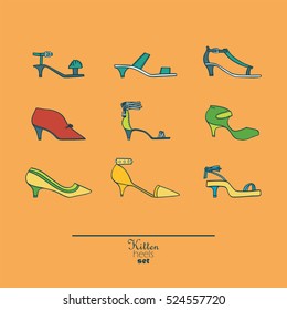 Beautiful set of isolated on background flat vector shoes hand drawn in stylish collection of kitten heels. Fashion illustration good for creative design. Color bright image on orange background