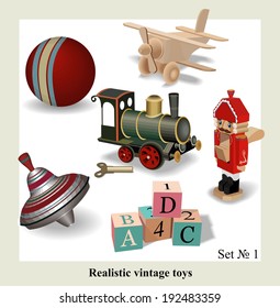 Beautiful set of isolated realistic vintage toys for kids, vector.