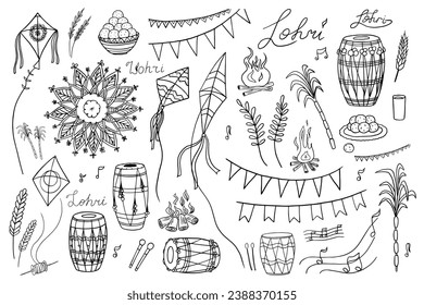 Beautiful set of Lohri festival objects and symbols. Indian festival. Kite, rye, spikelet, drums, bonfire, fire, wheat, harvest, sugarcane, sheaves of roasted corn, gurh and gachak. Hand drawn