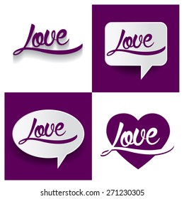 Beautiful set of I Love You Hand lettering handmade vector calligraphy purple background set. vector call out I Love You  letter. heart shape I Love You text. Valentine Day typography
