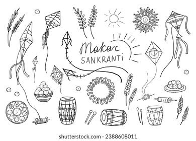 Hermoso conjunto de objetos y símbolos del festival Makar Sankranti. Festival indio. Cometa, centeno, espigón, sol, tambores, trigo, cosecha, cucharas de maíz asado, gurh y gachak. Dibujo de mano