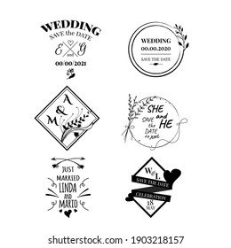Beautiful Set Of Modern Wedding Typography Stamps. Vector Black Elements For Invitation Card On The White Background.