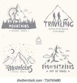 Beautiful set with mountains and different styles inscriptions. Hand drawn sketch. Stylish vector illustration. Traveling along mountains