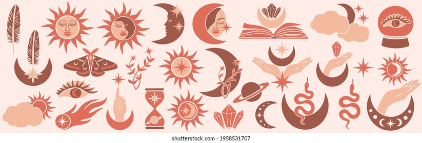 Beautiful set of mystic details in a flat style. Celestial magic vector illustration of esoteric symbols. Beautiful set of mystic details Cosmic modern collection. 