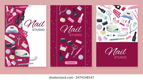 Hermoso conjunto de clavos tarjeta, volante, certificado, Anuncio. Marco con kit de herramientas de manicura. Diseño de Plantilla de Vector. Publicación en redes sociales, concepto para estudio de uñas, fondo de salón. Ilustración vectorial plana