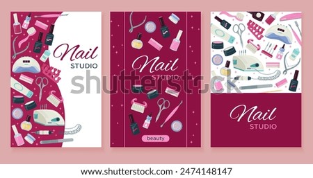Beautiful set of nails card, flyer, certificate, banner. Frame with manicure tools kit. Vector template design. Social media post, concept for nail studio, salon background. Flat vector illustration