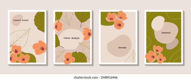 Beautiful set of natural color cover design templates. Modern floral design for organic product packaging, plant-based cosmetics, social media post, wall art, cover, banner. Stock vector illustration.