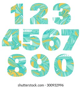 Beautiful set of numbers with ethnic pattern.  Bright hand drawn numbers for original design decisions. Backgrounds names.
