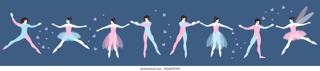 Beautiful set of pair dancers. Ballet. Elegant couples are dancing romantic dance.