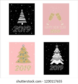 
Beautiful set of postcard banner with Christmas trees and glasses with champagne snow and toys decorations and 2019 figures for the New Year and Christmas holidays in the winter in December for