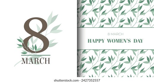 Beautiful set of postcard for March 8 and Womens Day with floral leaf pattern. Modern minimalist and flat design