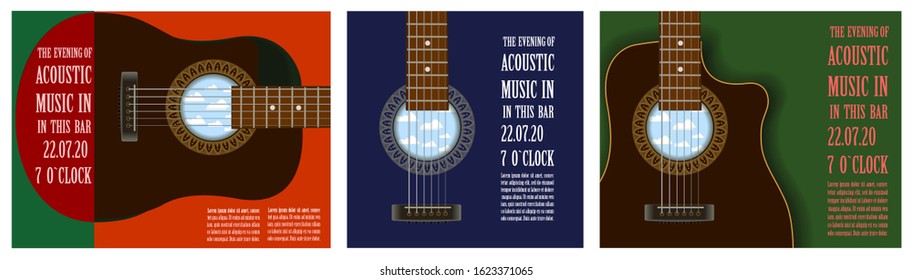 Beautiful set of poster templates Music concert show. Creative posters with acoustic guitar. Vector