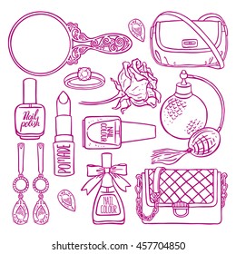 beautiful set of purple sketch female things - rose, lipstick and nail polish. hand-drawn illustration
