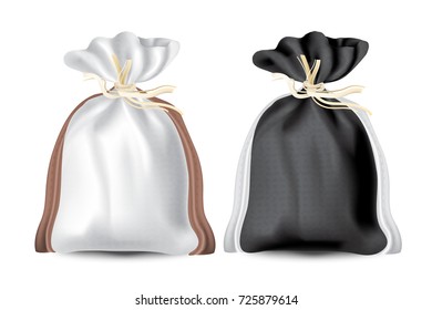 Beautiful, set of realistic cloth bags (sack) with straw ties and leather belts. Black and white colors with texture. Easy to recolor, vector illustration