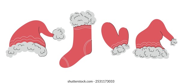 Hermoso conjunto con sombrero rojo de santa claus, medias, calcetines y guante aislado sobre fondo blanco. Vector dibujado a mano ilustración de color plano. Feliz Navidad y feliz año nuevo decoraciones