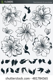 Beautiful set of Retro Flowers. Elegance elements design for textile in vintage style, vector illustration