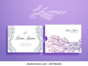 Beautiful set of romantic invitation and envelope with feathers. Vector isolated collection.Template card and envelope for wedding, marriage, bridal, birthday, Valentine's day. 