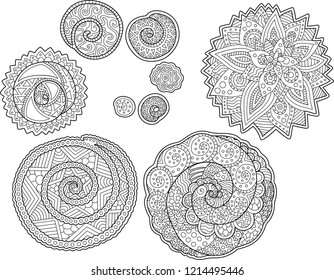 Beautiful set with round arts for coloring book pages on white background