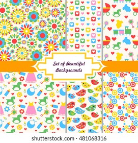 beautiful set of seamless backgrounds on the theme of babies in the style of a flat design.
