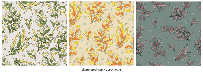 Beautiful set of seamless backgrounds with various branches and leaves with dew drops. Botanical repeating background. Vector bright print for fabric or wallpaper.