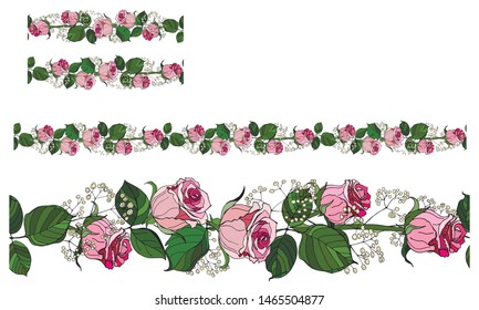 A beautiful set of seamless brushes,  of roses, flowers and leaves, on a white background. Exquisite pattern for invitation decoration.  Romantic pink roses with wild herbs. 