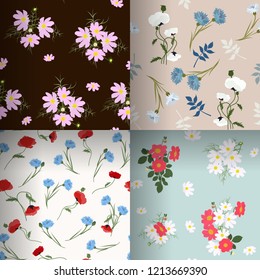 Beautiful set of seamless patterns with summer flowers. For decorating textiles. packaging, wallpaper. Vector illustration.