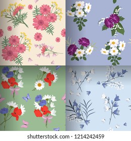 Beautiful set of seamless vector illustrations with wildflowers and butterflies. For decoration of textiles, packaging, wallpaper.