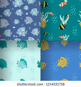 Beautiful set of seamless vector illustrations with sea fishes and algae, stylized fish. For decoration of textiles, packaging, web design.