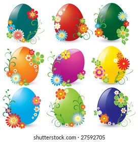 beautiful set of shining easter eggs in rainbow color decorated with flowers