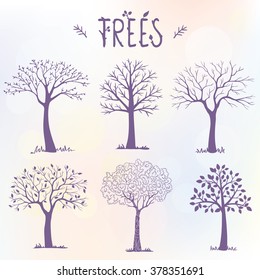 Beautiful set of silhouette amazing trees for design. Vector illustration