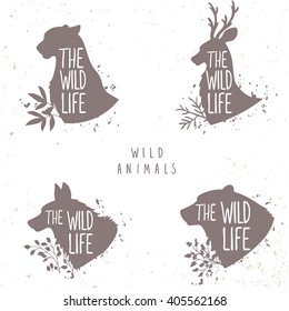 Beautiful set of silhouette wild animals deer, wolf cheetah, and bear. Vector illustration