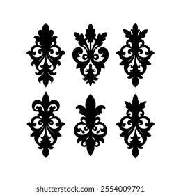 Beautiful set of six black floral baroque ornament designs. Perfect for invitations, vintage decor, branding, and luxury-themed projects.