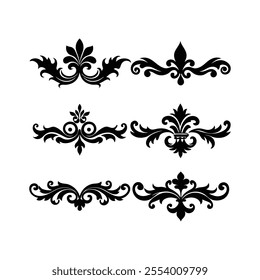 Beautiful set of six black floral baroque ornament designs. Perfect for invitations, vintage decor, branding, and luxury-themed projects.