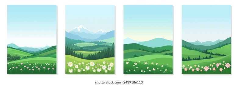 Hermoso conjunto de paisajes de primavera. Ilustración vectorial de paisajes verticales de primavera con flores, prados verdes, montañas y bosques en formato A4 para impresión y diseño.