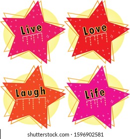 Beautiful set of star shape lettering stickers in 4 different colors. Word labels for scrapbooks and holiday posters.