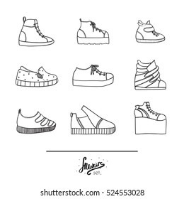Beautiful set with stylish footwear - sneakers in various styles and shapes. Collection with different shoes in hand drawn black outline on white background. Vector illustration in doodle flat style